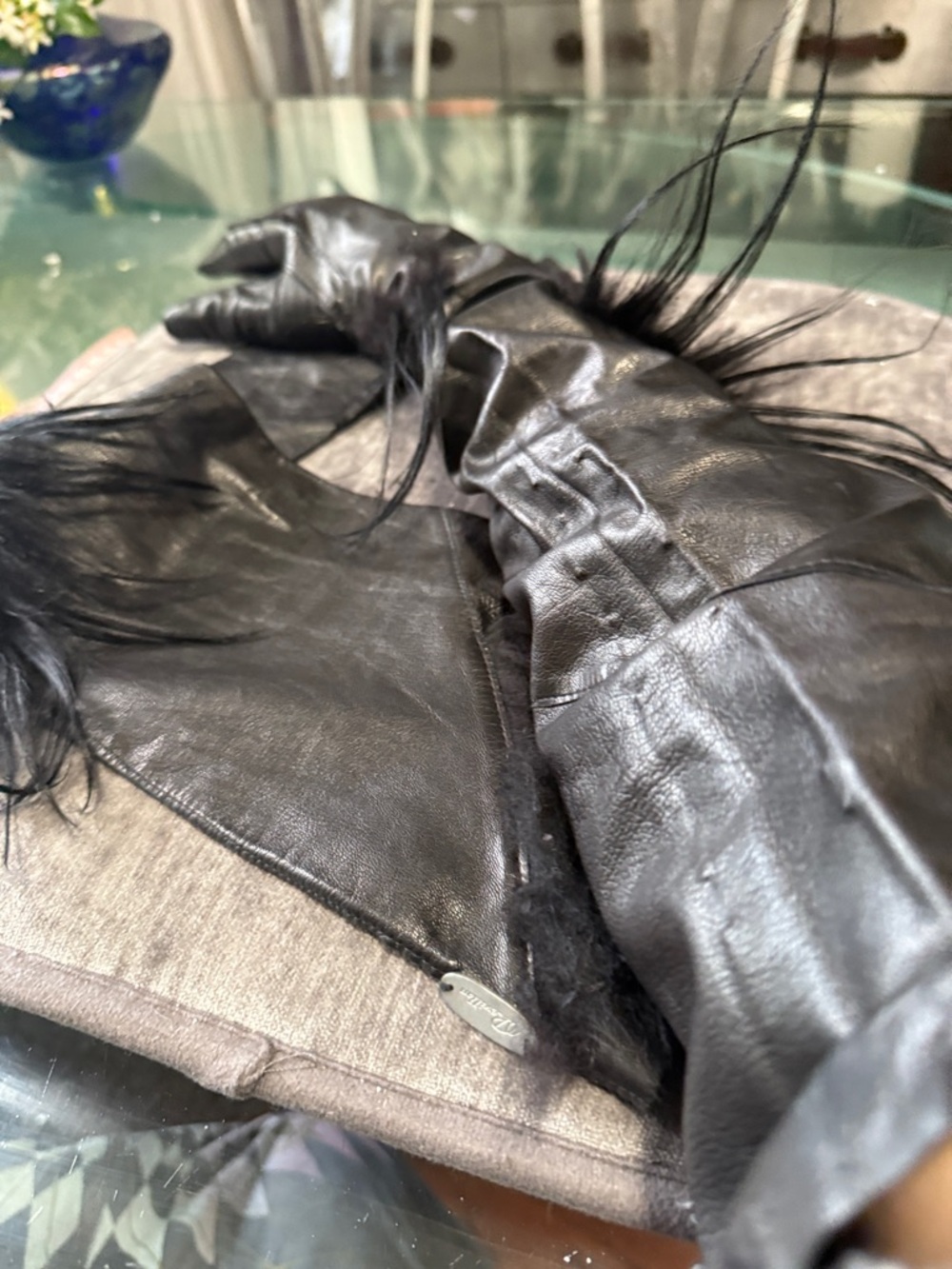 Black Leather Feather-Trim Gloves